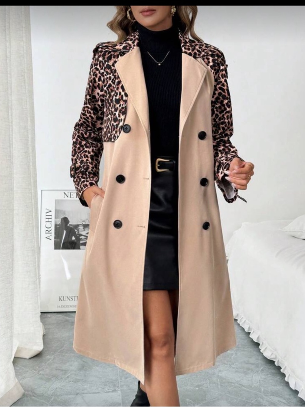 Leopard Print Panel Trench Coat in Beige and Brown
